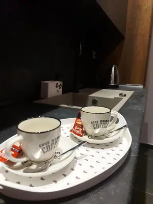 two coffee cups and saucers on a counter at Pinocchio in Bihać