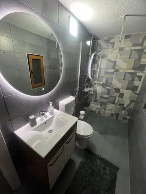 a bathroom with a sink and a mirror and a toilet at Apartman Elma in Bihać