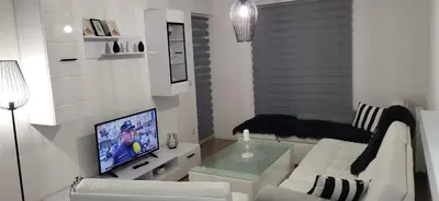 a living room with a white couch and a television at Comfort in Kiseljak