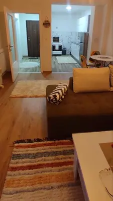 a living room with a brown couch and a rug at Apartman Aurora in Travnik