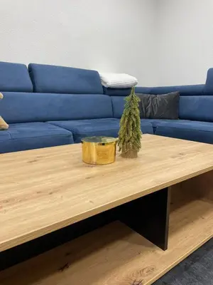 a blue couch and a table with a christmas tree on it at Vila Flora Vlašić in Šišava