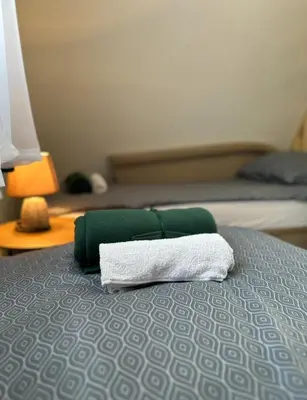 a bed with a green and white pillow on it at Ammirevole Ravne Oga in Visoko