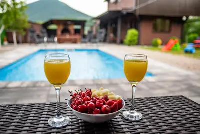two glasses of orange juice and a bowl of fruit on a table at Kuća za odmor Dani in Bihać