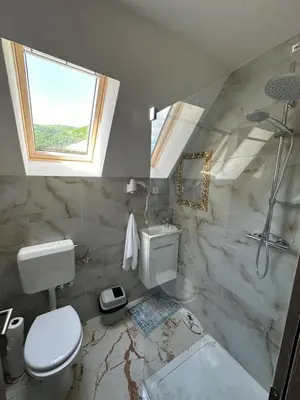 a bathroom with a toilet and a sink and a shower at Bungalow House - 5 Rooms in Zolaći