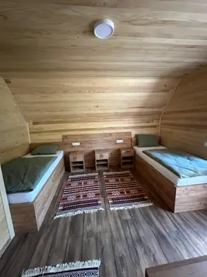 a small room with two beds and a rug at Bungalow House - 5 Rooms in Zolaći