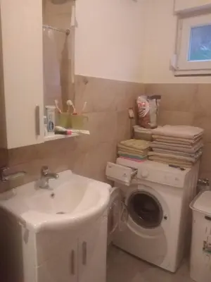 a bathroom with a washing machine and a sink at Etno domaćinstvo in Bosanska Dubica
