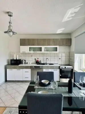 a large kitchen with a table and chairs in it at Apartman Latice in Tomislavgrad