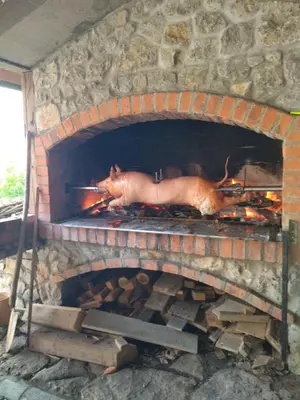 a pig is standing inside of a brick oven at Djuric Vacation House in Laktaši