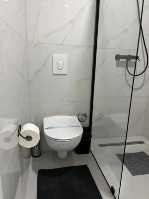 a white bathroom with a toilet and a shower at Apartments Indigo in Jajce