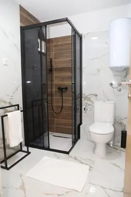 a bathroom with a shower and a toilet at Bungalov La Repit in Šipovo
