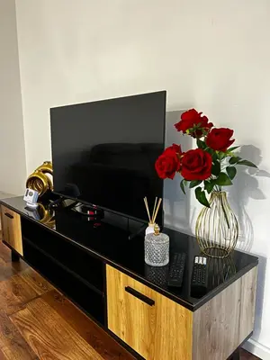 a tv stand with a vase of red roses on it at Apartman Nora in Teslić