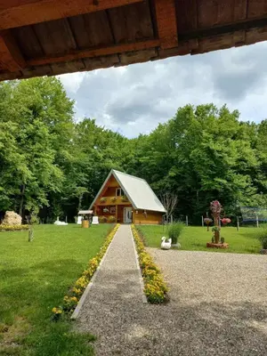 a log cabin with a pathway leading to it at Vikendica Anastasija in Laktaši