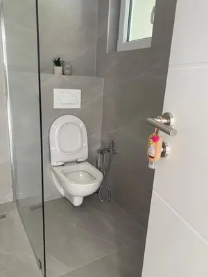 a bathroom with a toilet and a glass shower stall at Apartman Rawda 1 in Jajce