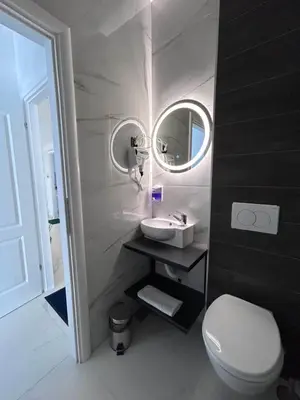 a bathroom with a toilet and a sink and a mirror at Sunny Corner Apartments in Visoko