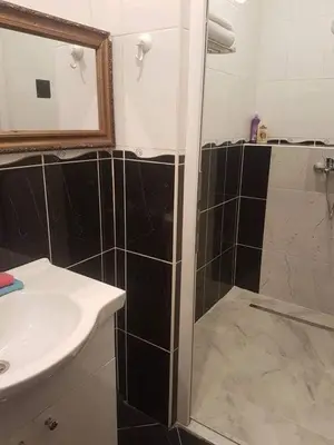 a bathroom with a shower with a sink and a mirror at Adnna Home in Bihać