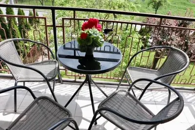 a table with a vase of flowers on a balcony at Green River Rooms in Šipovo