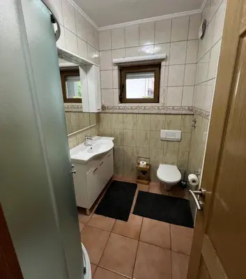 a small bathroom with a sink and a toilet at Teal Apartment 1 in Bihać