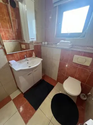 a bathroom with a sink and a toilet and a window at Teal Apartment 3 in Bihać