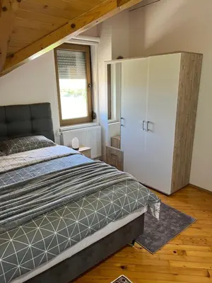 a bedroom with a bed and a large closet at Teal Apartment 3 in Bihać