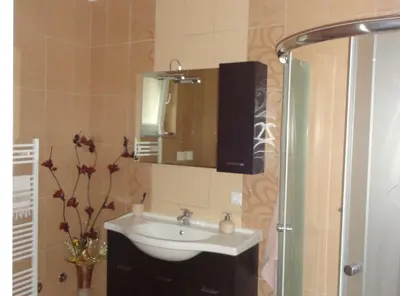 a bathroom with a sink and a mirror at Apartments A&D in Bihać