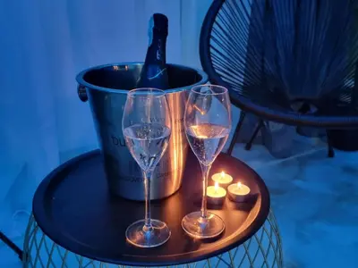 two glasses of wine on a table with a bucket at Apartman Spa kristal in Banja Luka