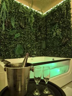 two wine glasses and a bucket on a table at Apartman Spa kristal in Banja Luka