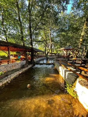 a stream in a park with a bridge and trees at Etno zona Oaza mira in Donji Vakuf