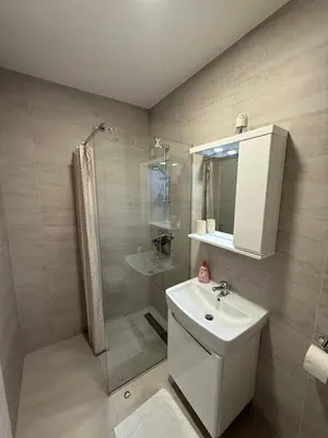 a bathroom with a sink and a shower and a toilet at Nela Bl in Banja Luka