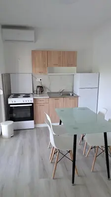 a kitchen with a table and chairs and a stove at Vila Didan-apartmani in Bihać