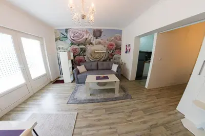 a living room with a couch and a flower mural at Apartman SUMI in Bihać