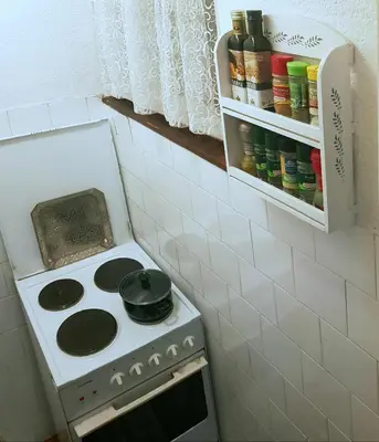 a kitchen with a stove and a shelf with spices at Apartment KARO in Visoko