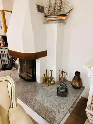 a living room with a fireplace and a couch at Holiday house 