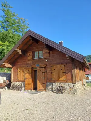 a large wooden cabin with a gambrel roof at Holiday house 