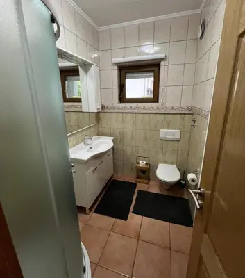 a bathroom with a sink and a toilet at Teal Apartments in Bihać