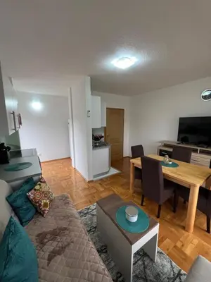 a living room with a couch and a table at Teal Apartments in Bihać