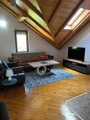 a living room with a couch and a table at Teal Apartments in Bihać
