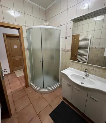 a bathroom with a shower and a sink at Teal Apartments in Bihać