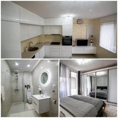 a collage of photos of a bathroom and a bedroom at Lux Apartman Novi Grad in Bosanski Novi