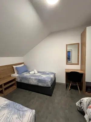 a bedroom with two beds and a mirror at Apartmani Venecia in Prozor