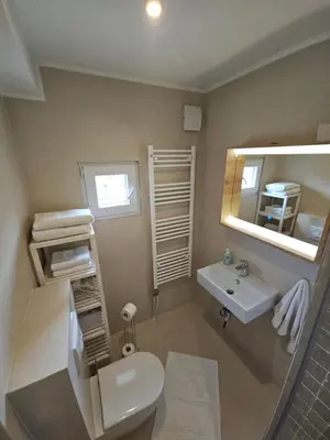 a bathroom with a sink and a toilet and a mirror at Apartment DANICA in Banja Luka