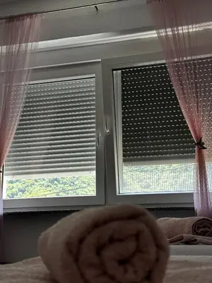 a bedroom with two windows with blinds on them at Apartman Edwin Jajce in Jajce