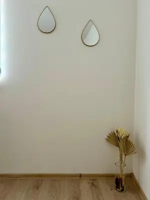 two mirrors on a white wall with a vase of flowers at Jelena in Jajce