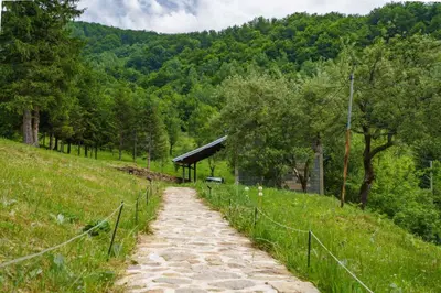 a dirt path in a field with a fence at Oaza Mira - Sakina Pecina in Fojnica