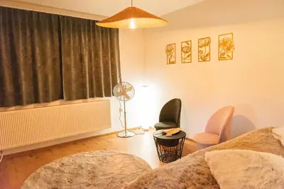 a bedroom with a bed and chairs and a fan at Apartment Center Korzo in Bihać