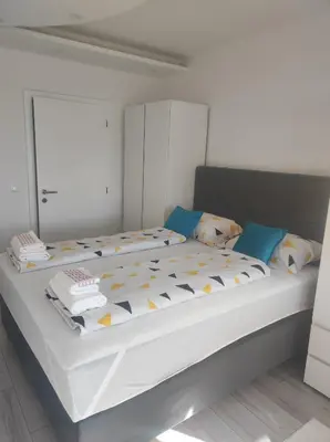 a bedroom with a large bed with a dog laying on it at Asya Art in Bihać
