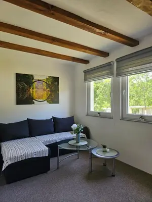 a living room with a blue couch and two tables at Seosko domaćinstvo Bajbut in Bihać