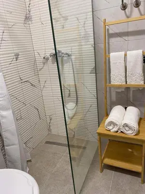 a shower with a glass door in a bathroom at Travnik Nostalgia Apartment in Travnik