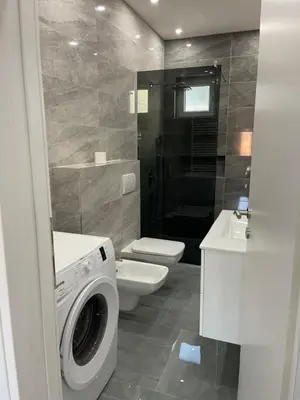 a bathroom with a washing machine and a toilet at Apartment BORICI in Bihać