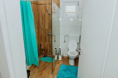 a bathroom with a toilet and a shower at Kuća za odmor Vučjak in Bihać