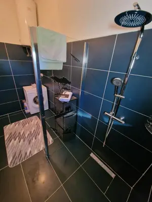 a blue bathroom with a shower and a toilet at Villa Crystal in Bihać